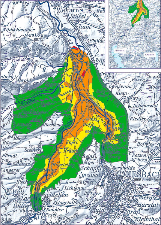 Karte mit bestehenden und geplanten Wasserschutzgebieten im Mangfalltal und Schlierachtal