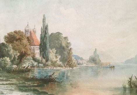 Gemälde mit Uferszene am Tegernsee