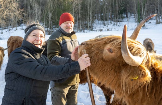 Martha und Helmut Höllwart mit einem Highlander-Rind